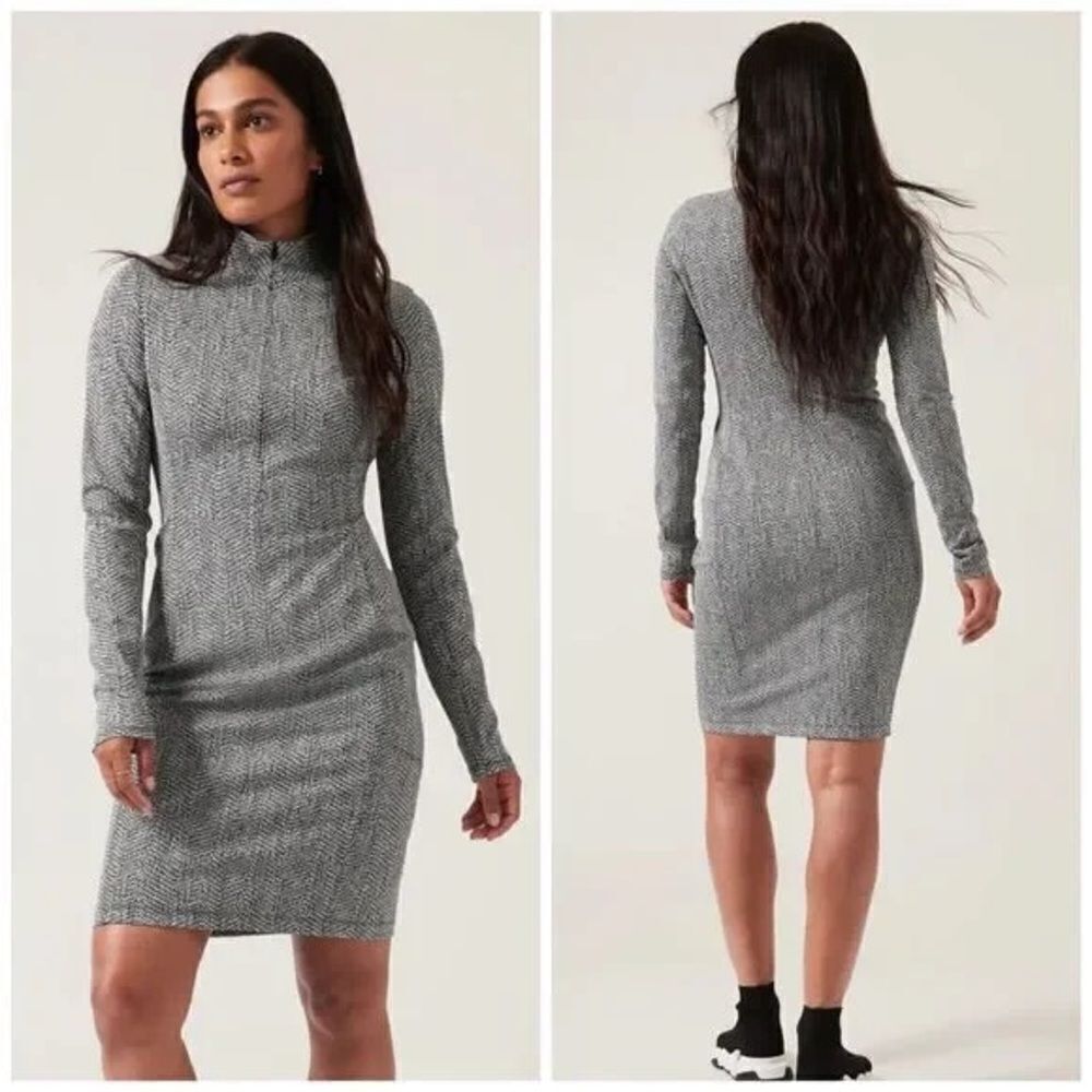 Athleta Delancey Textured Dress Herringbone Black White
